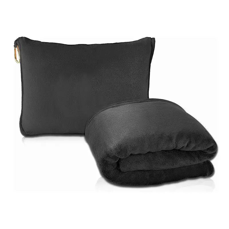 Black 2-in-1 Plush Travel Blanket & Pillow Set - Soft Flannel with Luggage Strap & Carabiner (50x60in) - Home & Garden