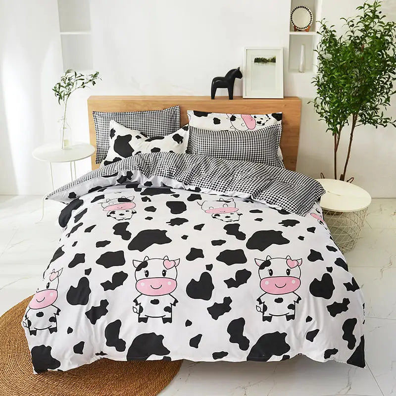 Black and White Cow Pattern 3-Piece Polyester Duvet Cover Set with 2 Pcs Pillowcases - Elegant Bedding Machine Washable