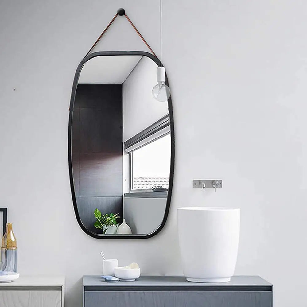 Black Bathroom Wall Mount Hanging Bamboo Frame Mirror Adjustable Strap Wall Mirror Home Decor - Home & Garden > Decor >