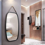Black Bathroom Wall Mount Hanging Bamboo Frame Mirror Adjustable Strap Wall Mirror Home Decor - Home & Garden > Decor >