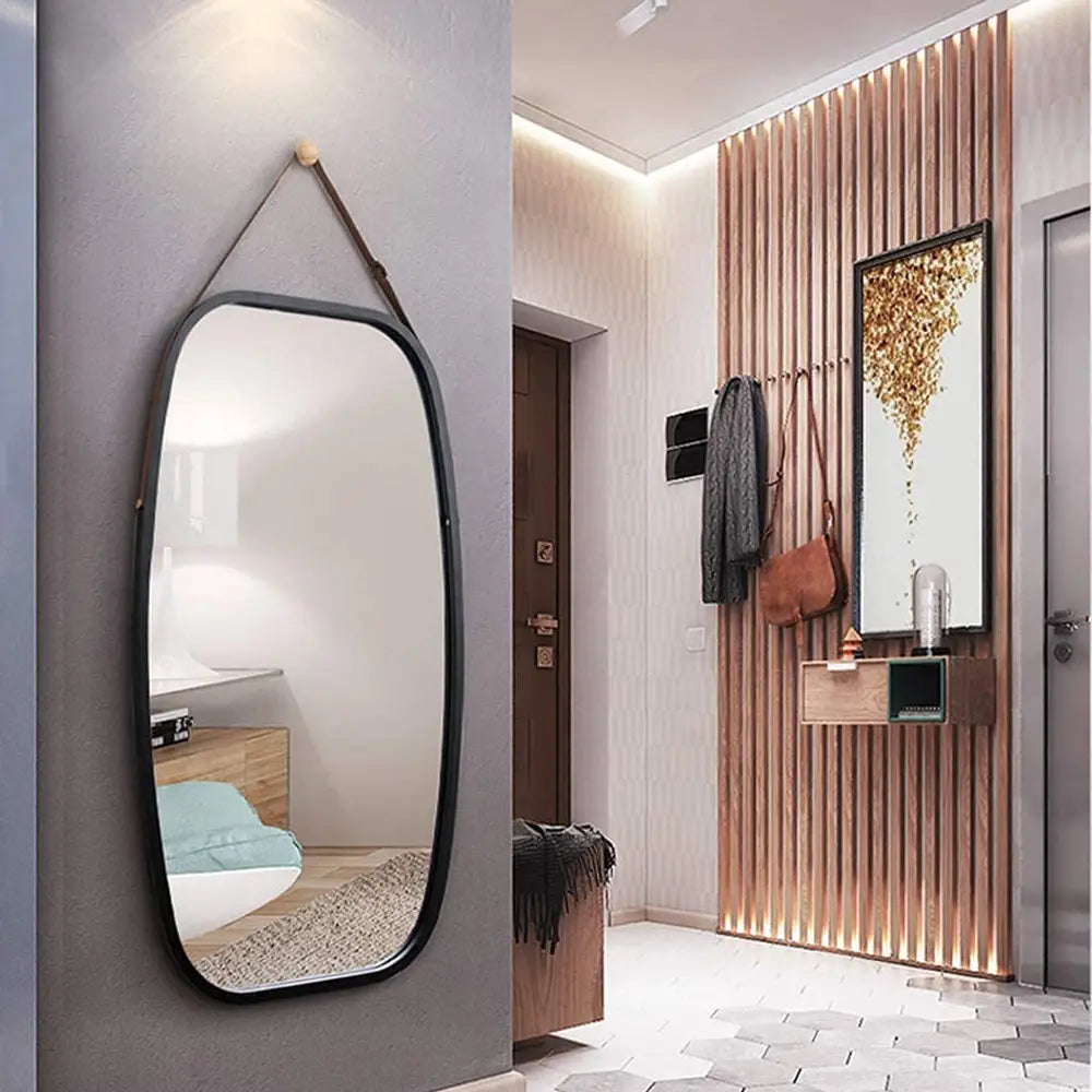 Black Bathroom Wall Mount Hanging Bamboo Frame Mirror Adjustable Strap Wall Mirror Home Decor - Home & Garden > Decor >
