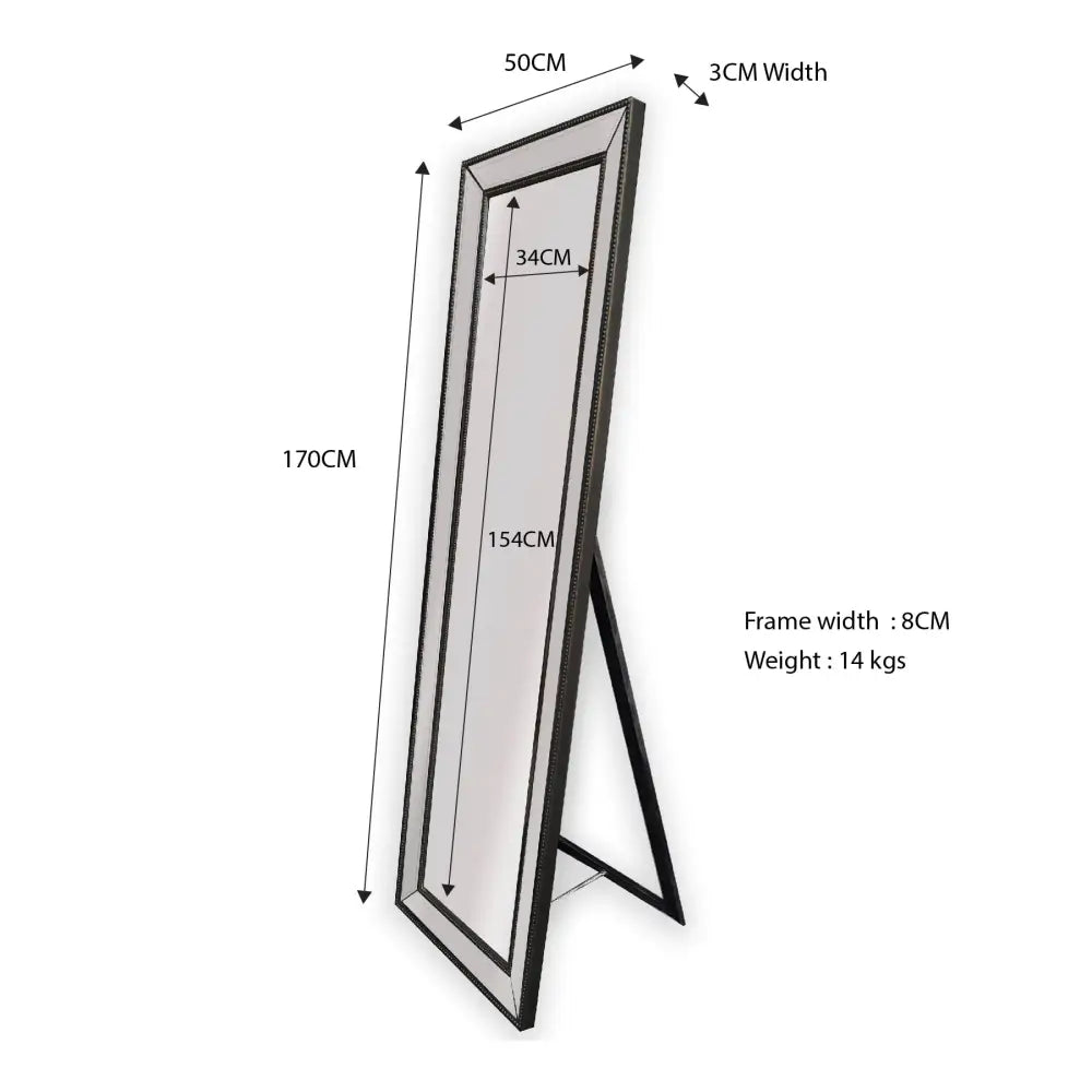 Black Beaded Framed Mirror - Free Standing 50cm x 170cm - Home & Garden > Decor