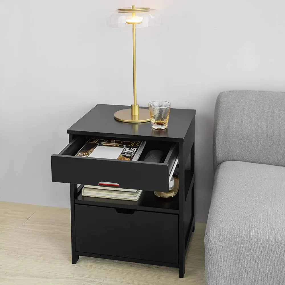 Black Bedside Table with 2 Drawers - Furniture > Bedroom