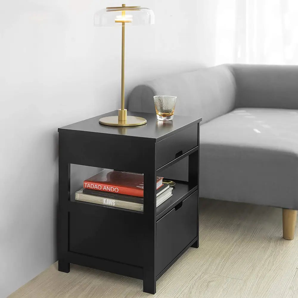 Black Bedside Table with 2 Drawers - Furniture > Bedroom