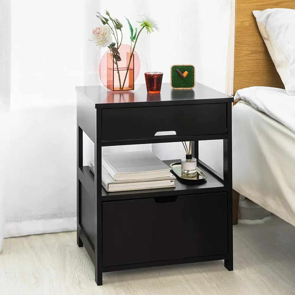 Black Bedside Table with 2 Drawers - Furniture > Bedroom