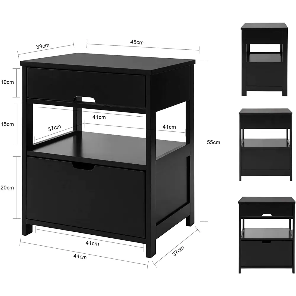 Black Bedside Table with 2 Drawers - Furniture > Bedroom
