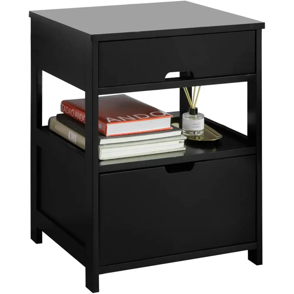 Black Bedside Table with 2 Drawers - Furniture > Bedroom
