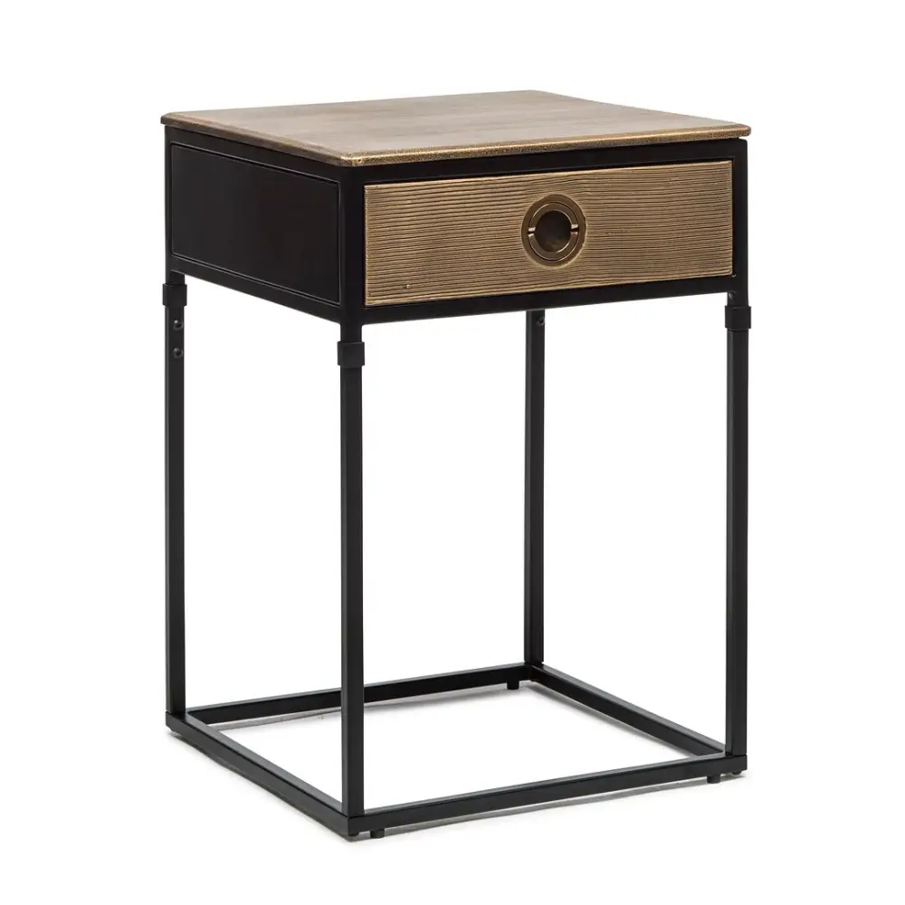 Black Bedside Table with Storage Drawer and Gold Finished Textured Top - Furniture > Living Room