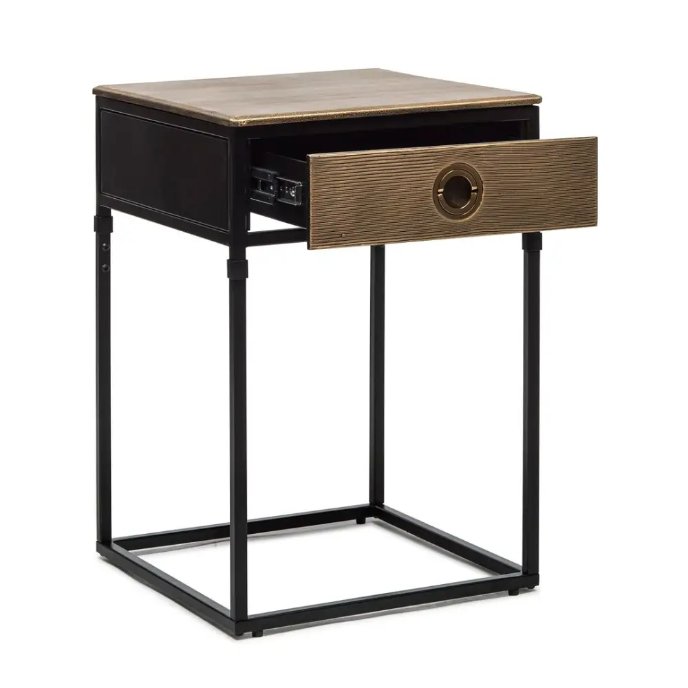 Black Bedside Table with Storage Drawer and Gold Finished Textured Top - Furniture > Living Room