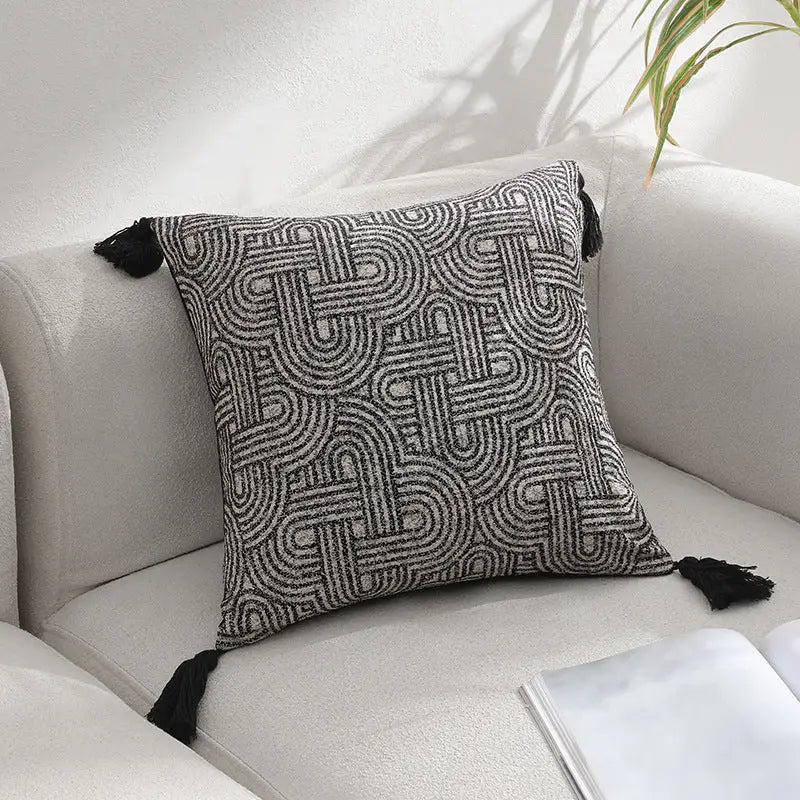 Black Chic Geometric Jacquard Cushion Covers with Tassels - Set of 2 Plush Blend for Sofa & Bed Decor (45x45cm Insert