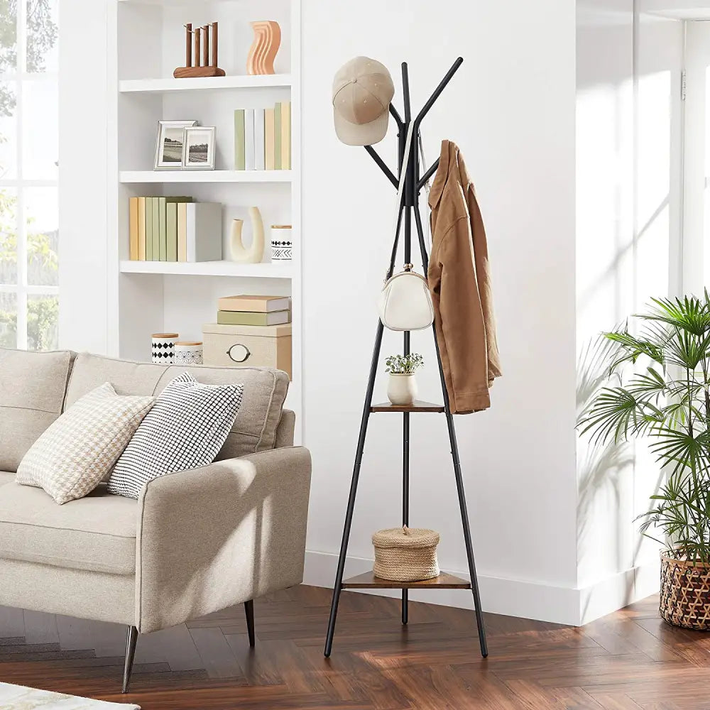 Black Coat Rack Stand Industrial Style 2 Shelves Clothes - Furniture > Living Room