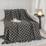 Black Cozy Geometric Knitted Throw Blanket with Tassels - Soft Acrylic Decorative Sofa & Bed Cover 130x180cm - Home &