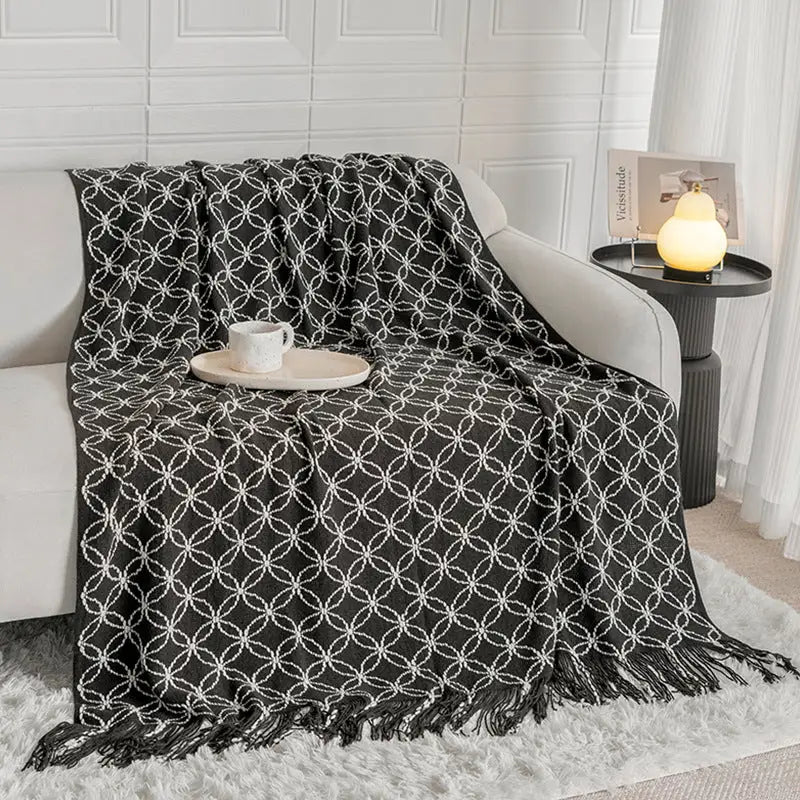 Black Cozy Geometric Knitted Throw Blanket with Tassels - Soft Acrylic Decorative Sofa & Bed Cover 130x180cm - Home &