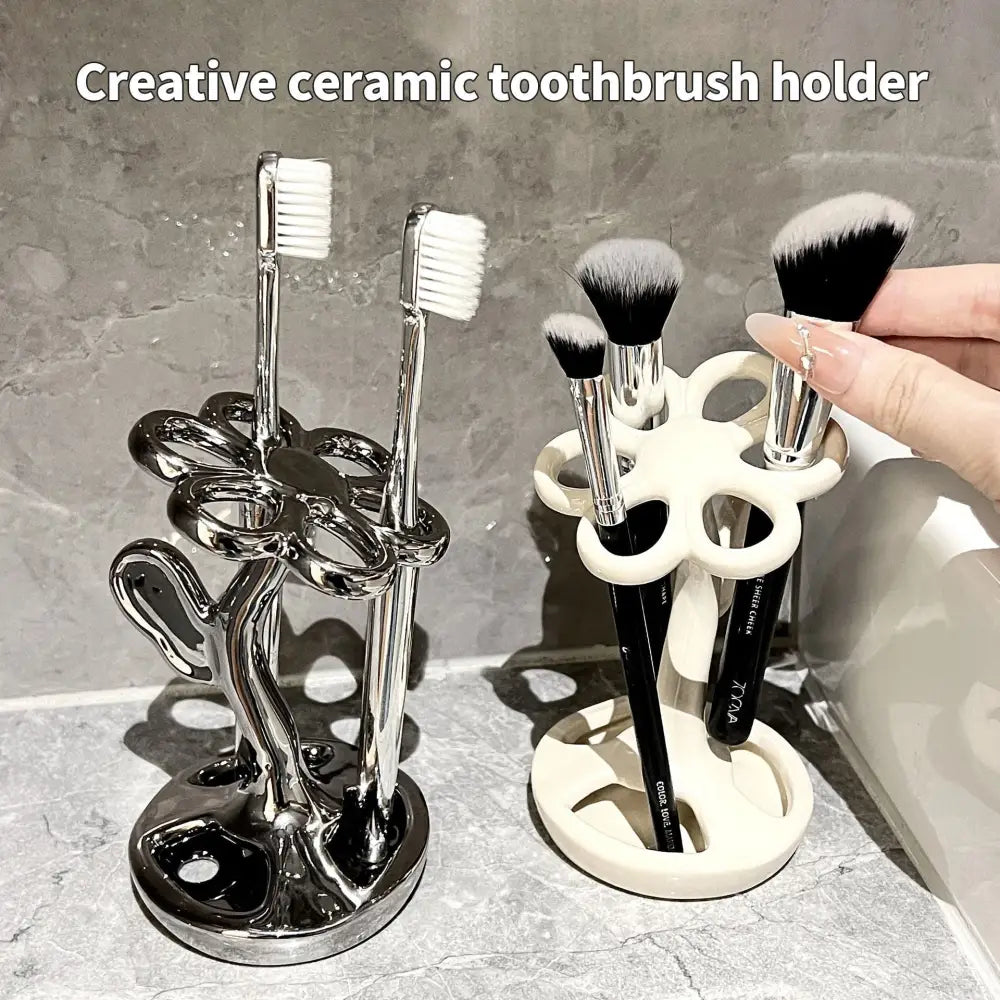 Black Creative Ceramic Toothbrush Holder - Makeup Brush & Eyebrow Pencil Organizer for Bathroom Stylish and Practical