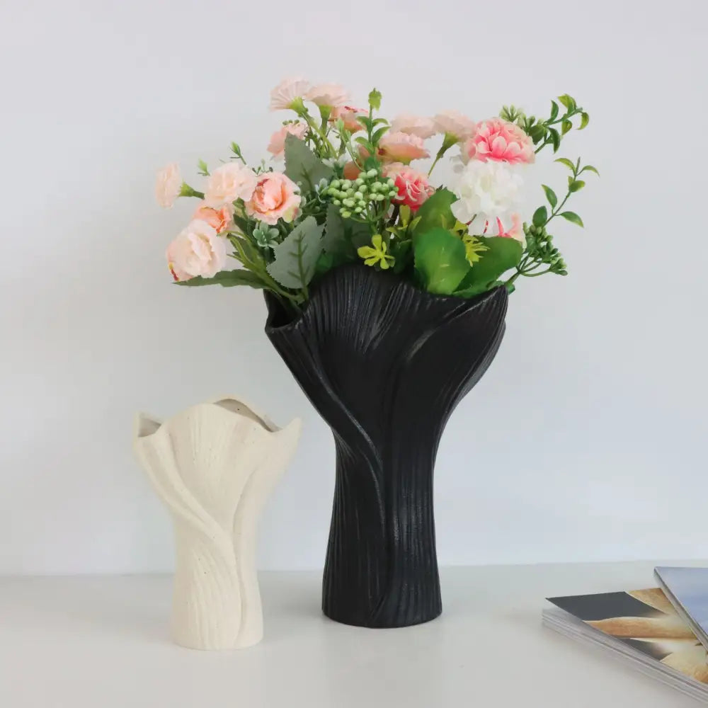 Black Elegant Off-White Ceramic Vase - Modern Sculptural Flower Holder with Wide Fluted Opening - Home & Garden > Decor