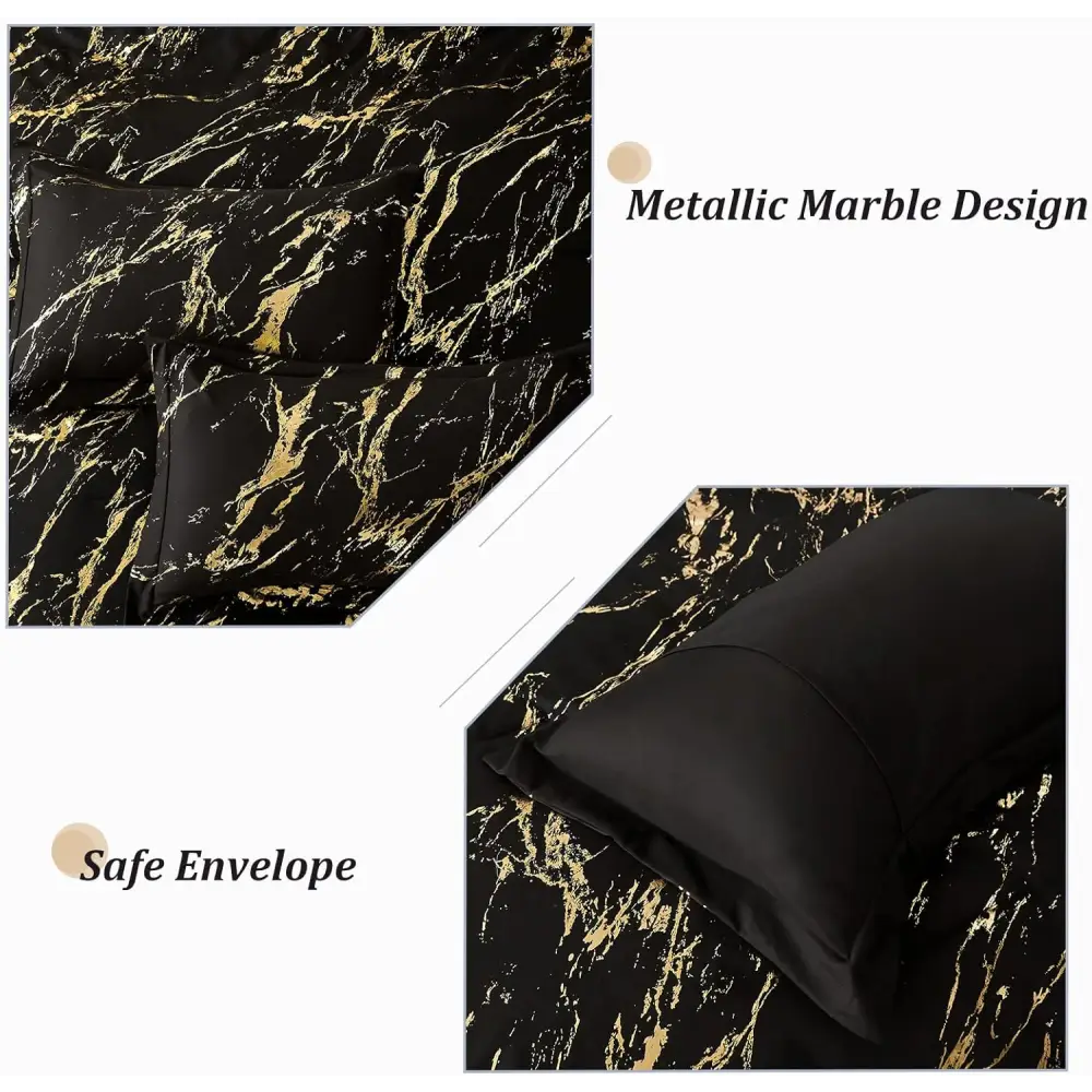 Black Gold Metallic Marble Comforter Set Queen Size Foil Print Glitter 3-Piece Bedding - Home & Garden > Bedding >