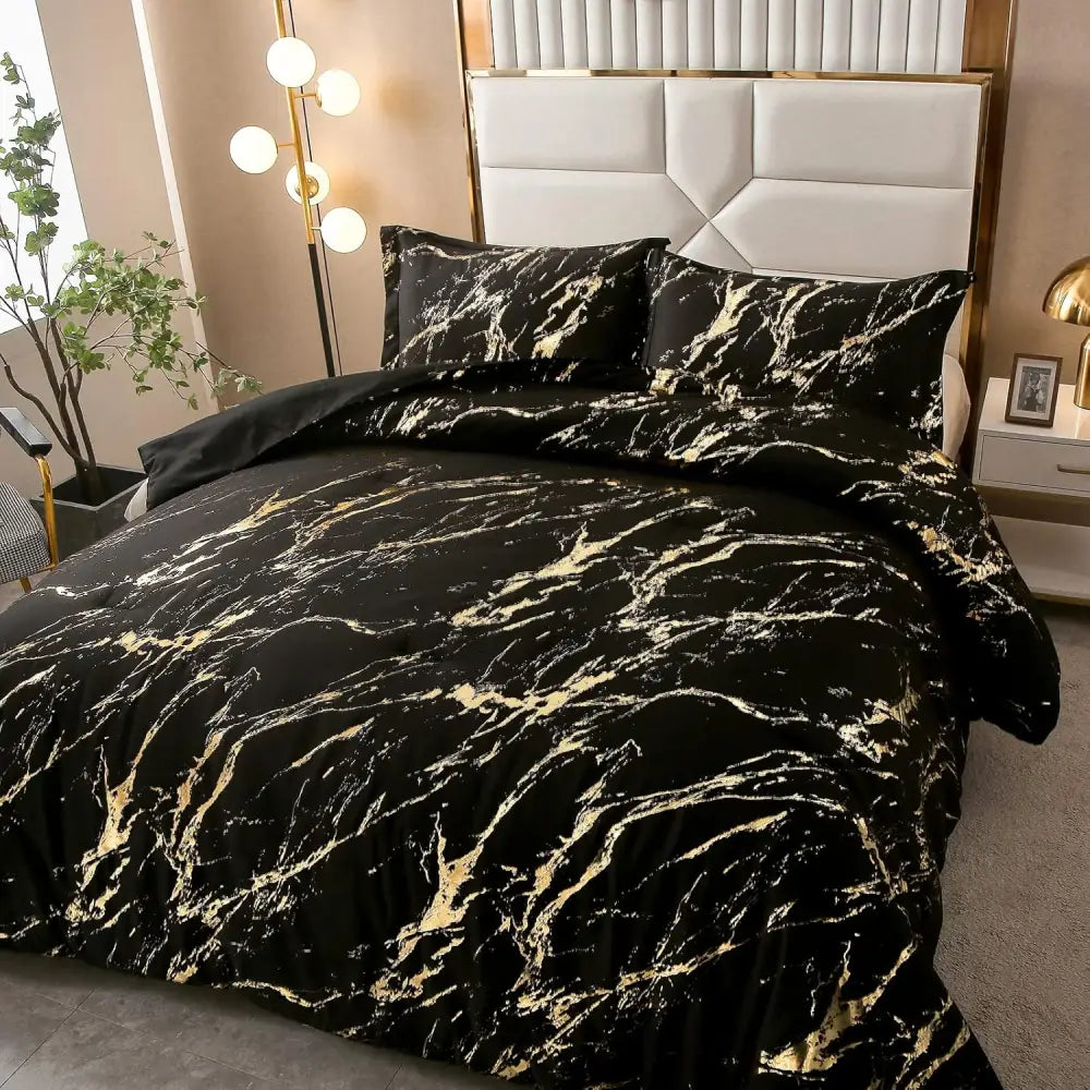 Black Gold Metallic Marble Comforter Set Queen Size Foil Print Glitter 3-Piece Bedding - Home & Garden > Bedding >