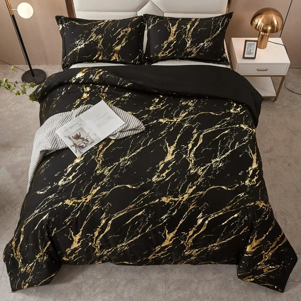 Black Gold Metallic Marble Comforter Set Queen Size Foil Print Glitter 3-Piece Bedding - Home & Garden > Bedding >