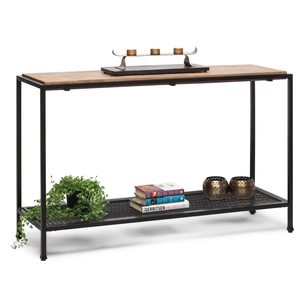 Black Iron Hallway Console Table with Distressed Wood Top - Furniture > Living Room