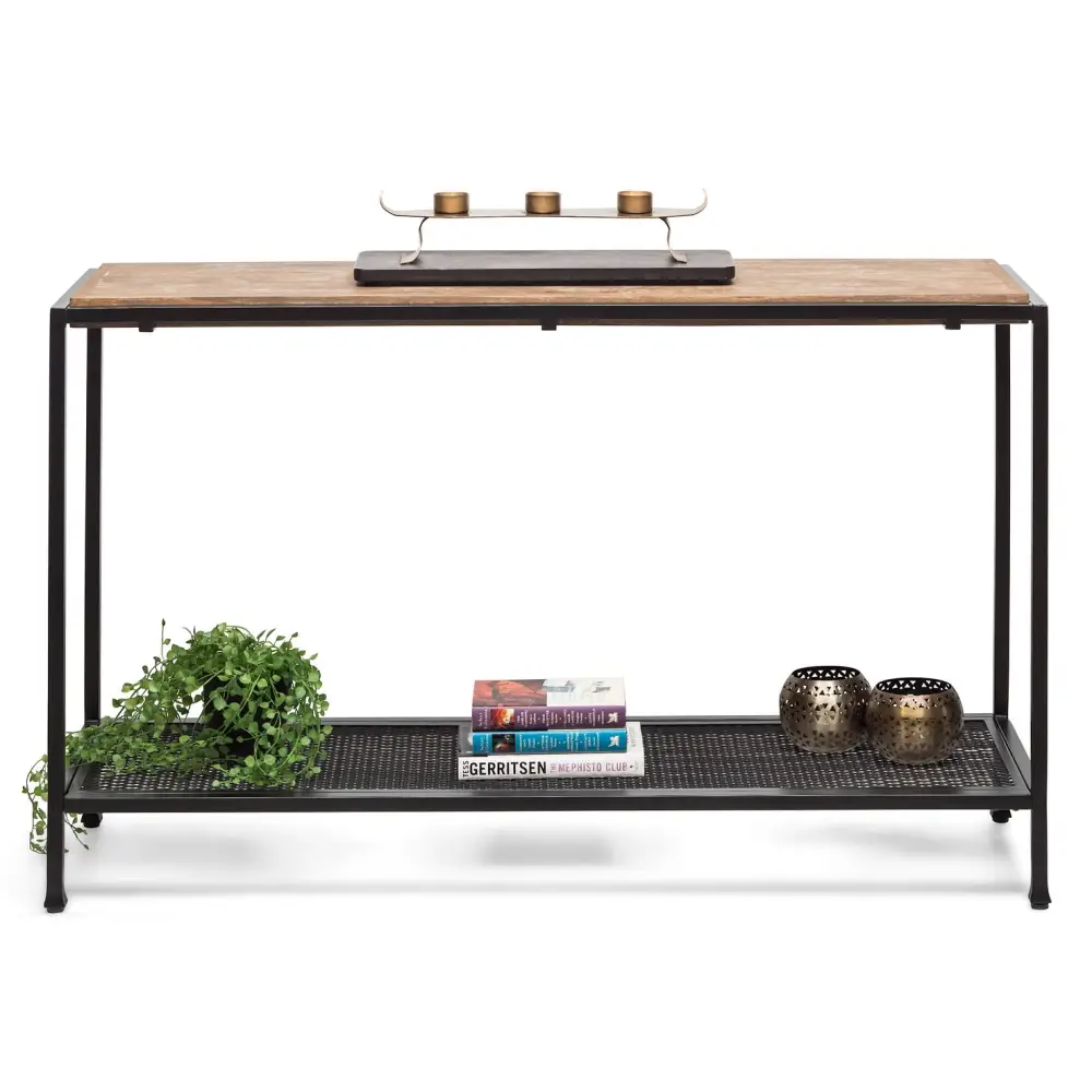 Black Iron Hallway Console Table with Distressed Wood Top - Furniture > Living Room