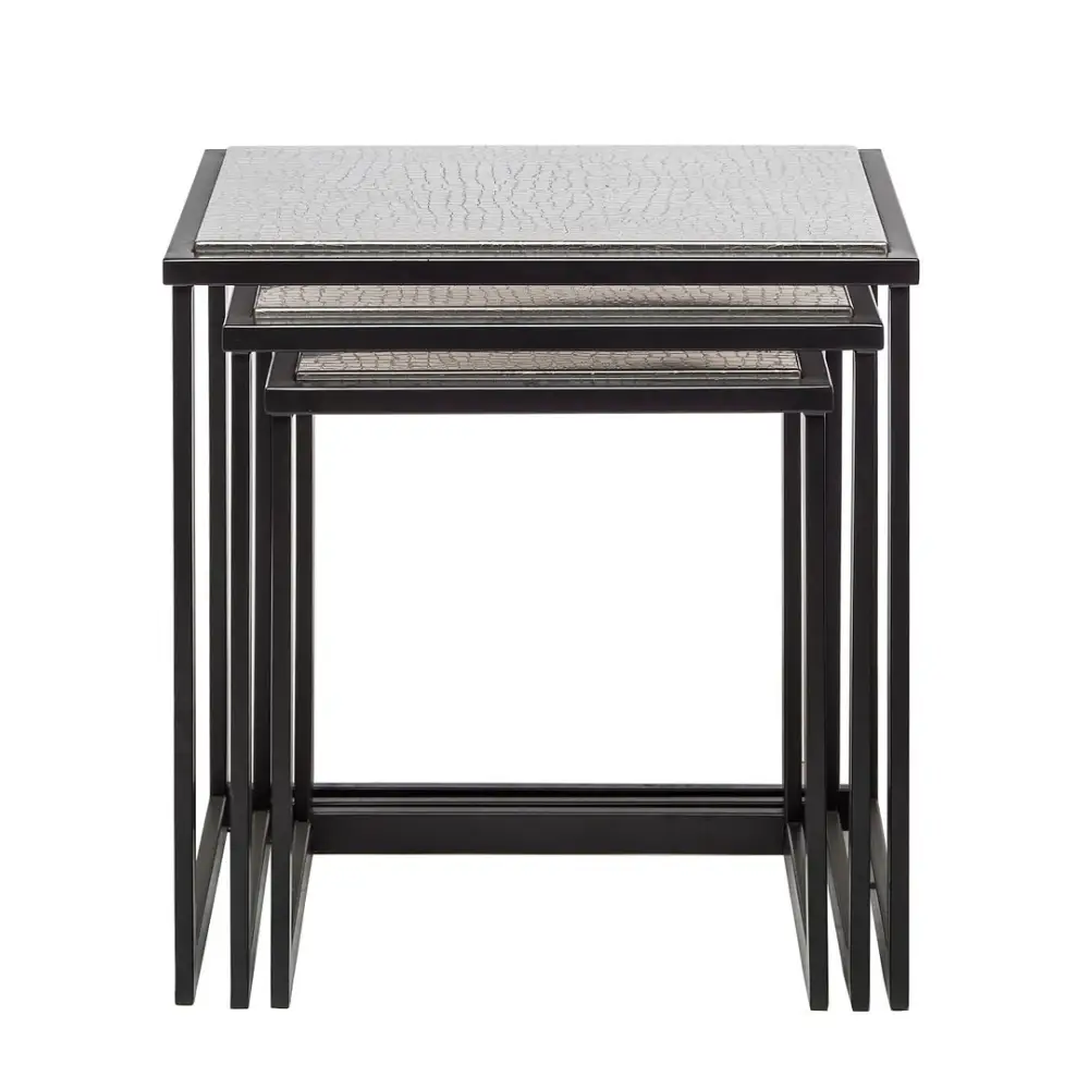 Black Iron Nested Tables with Stainless Steel Top in Set of 3 - Furniture > Living Room