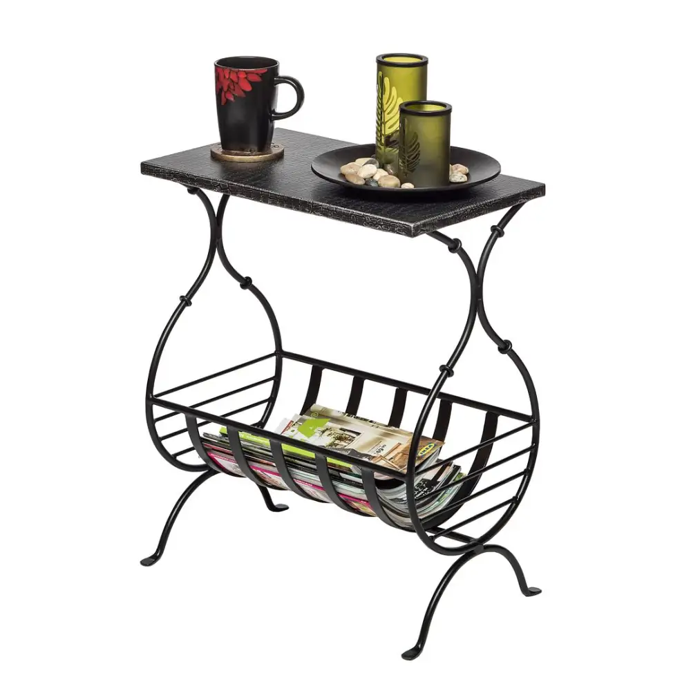 Black Iron Side Table with Magazine Storage and Silver Finish Top - Furniture > Living Room