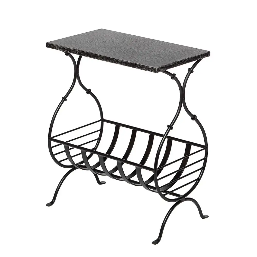Black Iron Side Table with Magazine Storage and Silver Finish Top - Furniture > Living Room