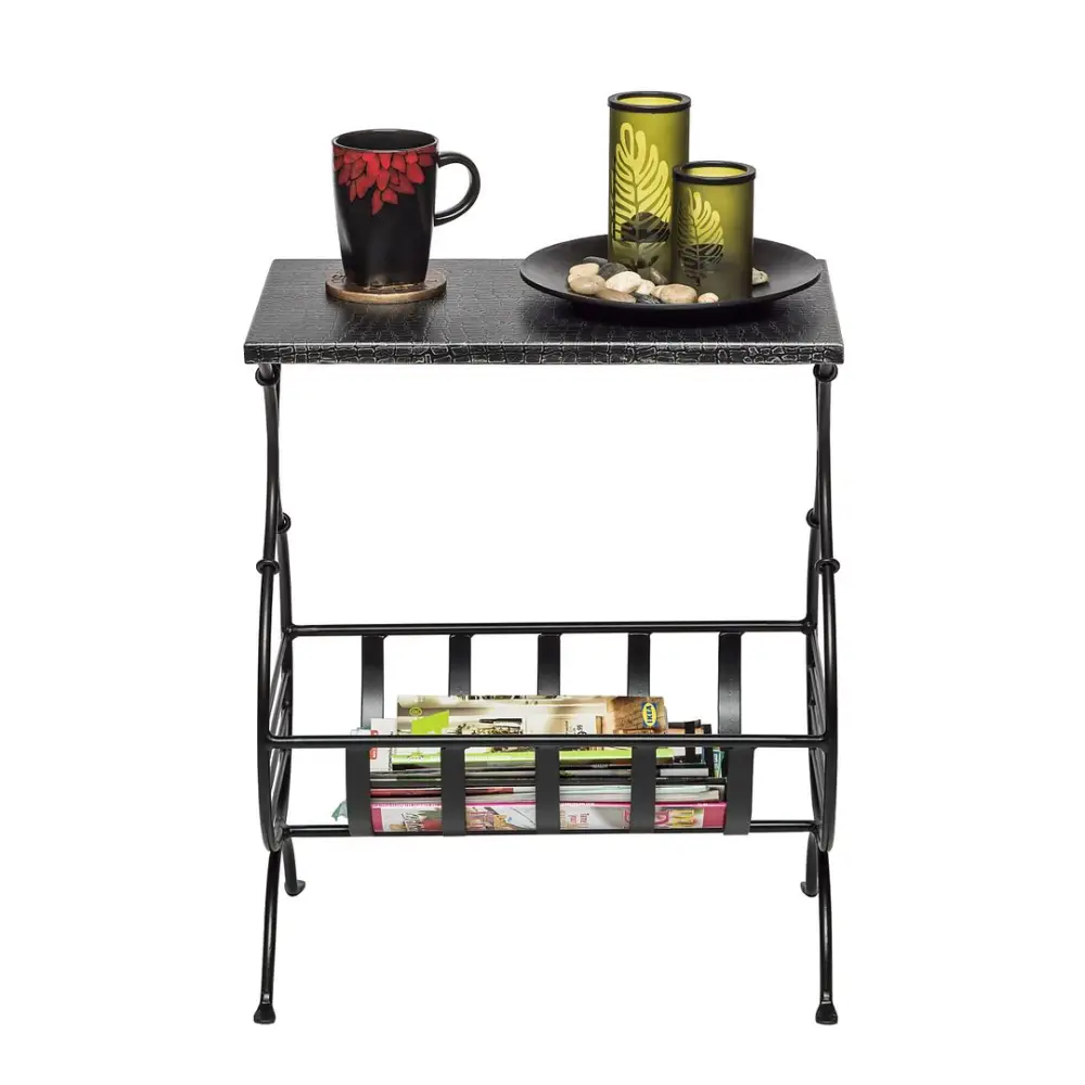 Black Iron Side Table with Magazine Storage and Silver Finish Top - Furniture > Living Room