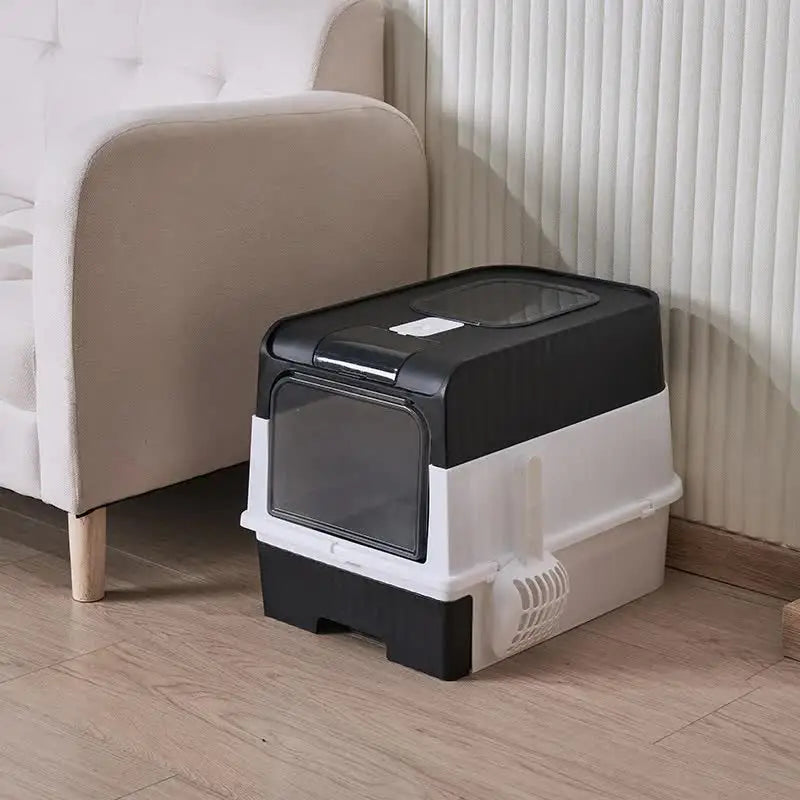 Black Large Enclosed Cat Litter Box with Drawer and Scoop-Odor Control Removable Tray Easy Clean Design - Pet Care >