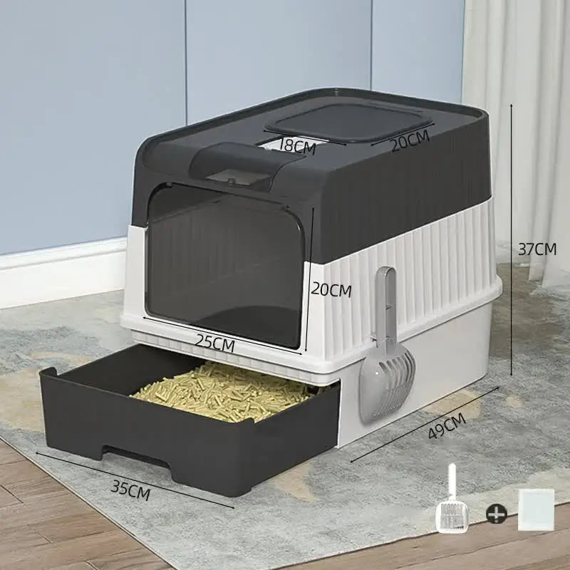 Black Large Enclosed Cat Litter Box with Drawer and Scoop-Odor Control Removable Tray Easy Clean Design - Pet Care >
