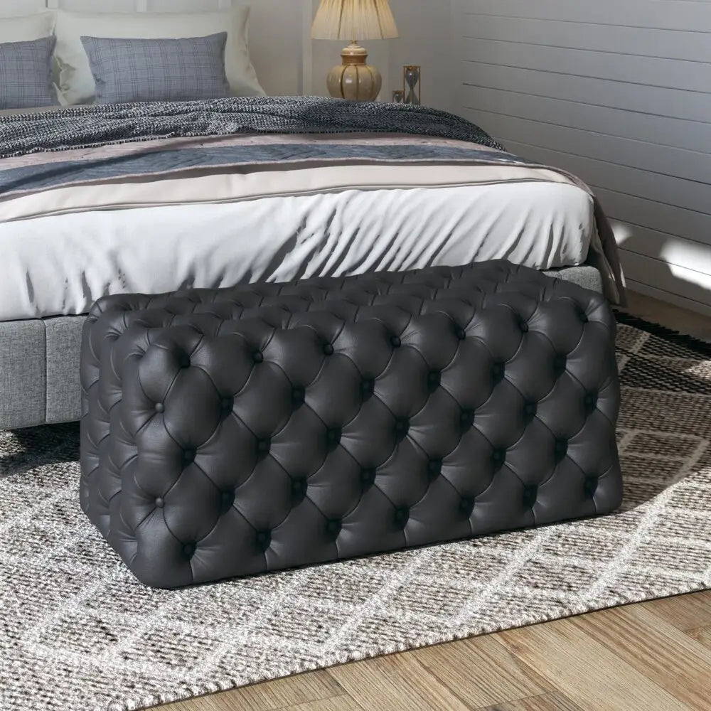 Black Leathaire Ottoman-Rectangular - Furniture > Bedroom