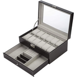 Black Leather Watch Box Jewelry Display Case with Drawers (12 Slots with 2 Layers) - Home & Garden > Storage