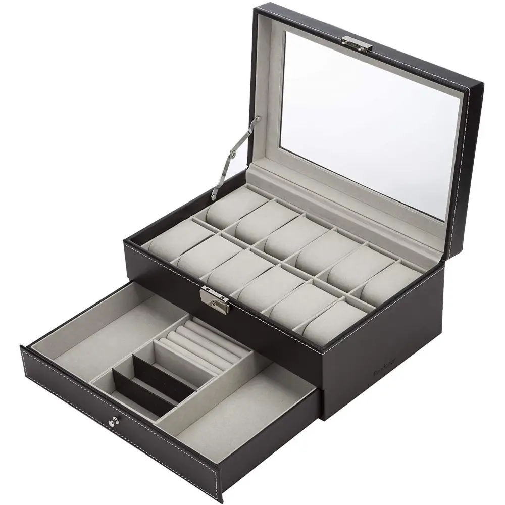 Black Leather Watch Box Jewelry Display Case with Drawers (12 Slots with 2 Layers) - Home & Garden > Storage