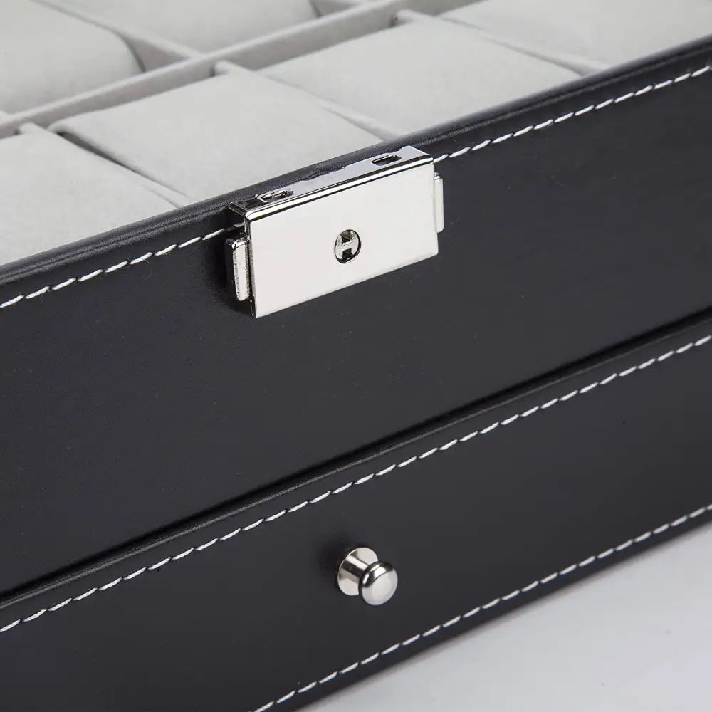 Black Leather Watch Box Jewelry Display Case with Drawers (12 Slots with 2 Layers) - Home & Garden > Storage