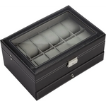 Black Leather Watch Box Jewelry Display Case with Drawers (12 Slots with 2 Layers) - Home & Garden > Storage