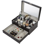 Black Leather Watch Box Jewelry Display Case with Drawers (12 Slots with 2 Layers) - Home & Garden > Storage