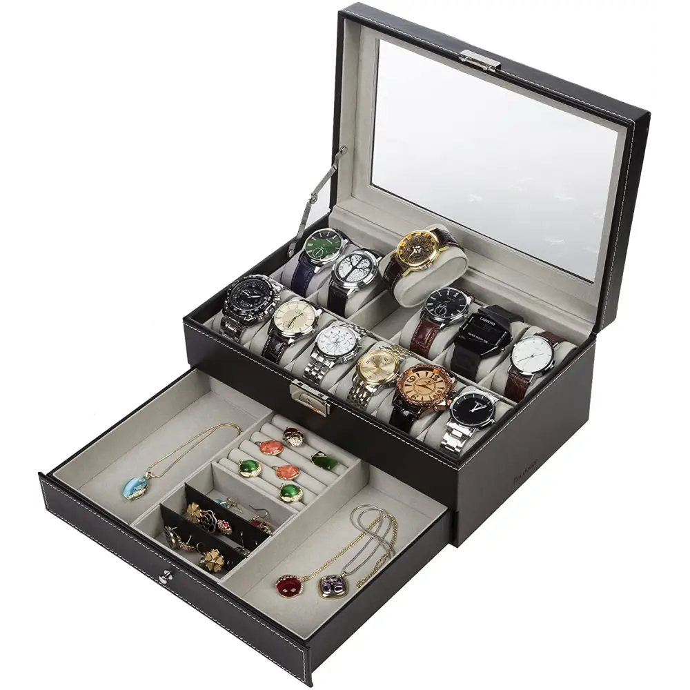 Black Leather Watch Box Jewelry Display Case with Drawers (12 Slots with 2 Layers) - Home & Garden > Storage