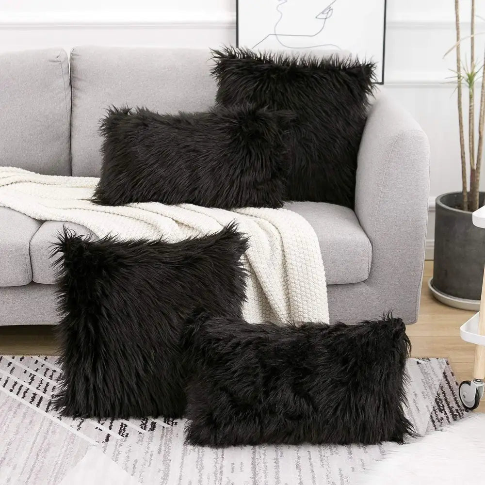 Black Luxurious Long Faux Fur Cushion Covers - Set of 2 45x45cm Soft Plush Decorative Pillowcases for Sofa & Bed - Home