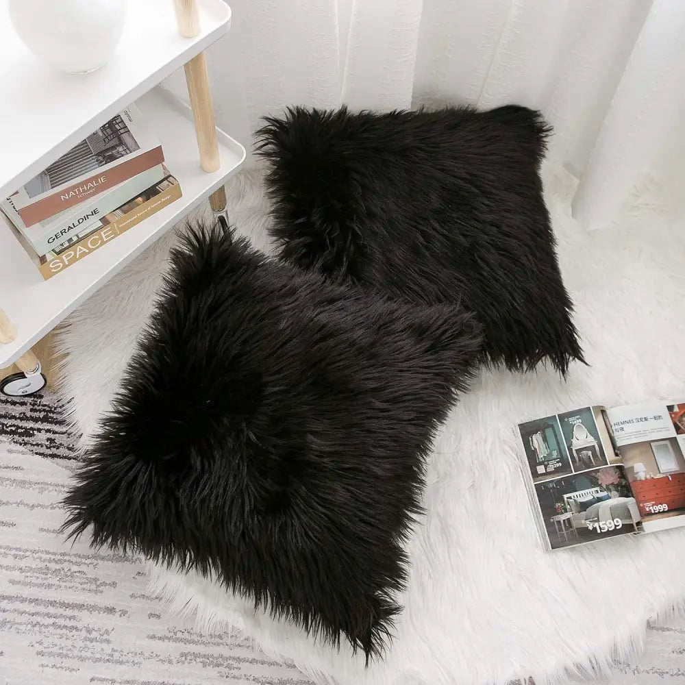 Black Luxurious Long Faux Fur Cushion Covers - Set of 2 45x45cm Soft Plush Decorative Pillowcases for Sofa & Bed - Home