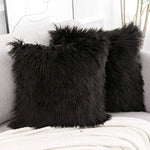 Black Luxurious Long Faux Fur Cushion Covers - Set of 2 45x45cm Soft Plush Decorative Pillowcases for Sofa & Bed - Home