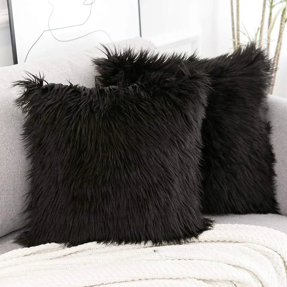 Black Luxurious Long Faux Fur Cushion Covers - Set of 2 45x45cm Soft Plush Decorative Pillowcases for Sofa & Bed - Home