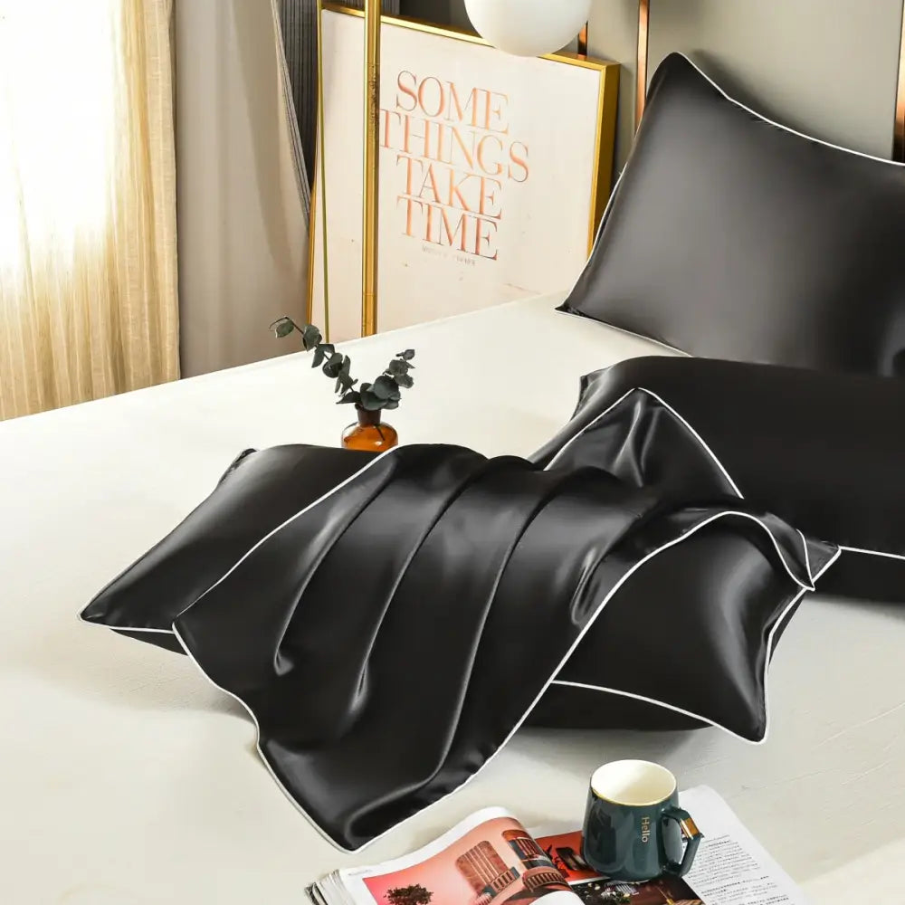 Black Luxury Double-Sided Satin Silk Pillowcase - Summer Cooling Polyester Pillow Cover Set(Without Pillow Core) - Home