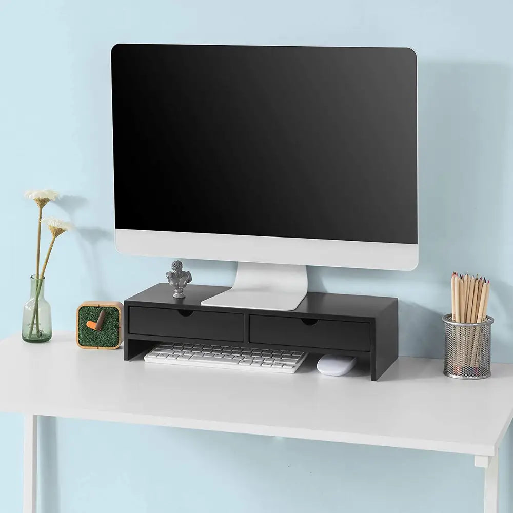 Black Monitor Stand Desk Organizer with 2 Drawers - Furniture > Living Room