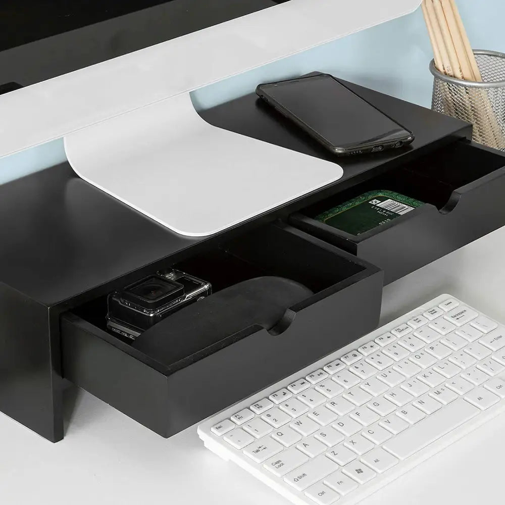 Black Monitor Stand Desk Organizer with 2 Drawers - Furniture > Living Room