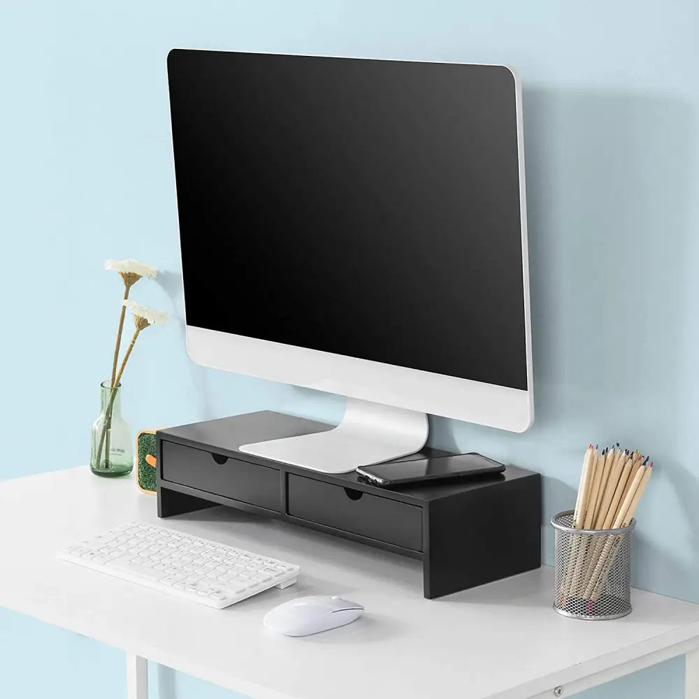 Black Monitor Stand Desk Organizer with 2 Drawers - Furniture > Living Room