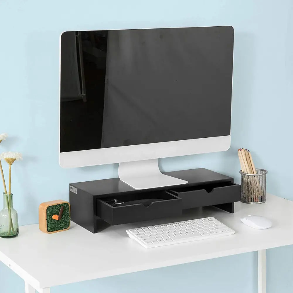 Black Monitor Stand Desk Organizer with 2 Drawers - Furniture > Living Room