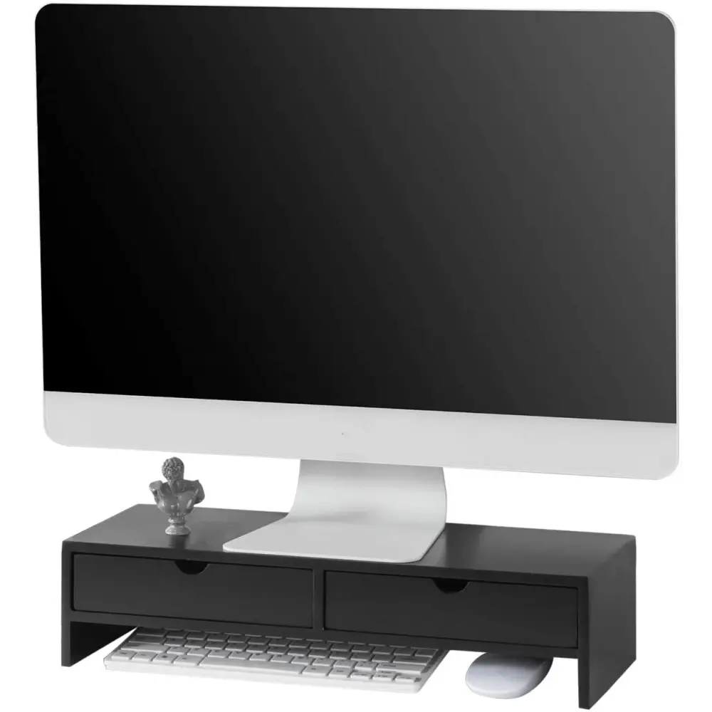 Black Monitor Stand Desk Organizer with 2 Drawers - Furniture > Living Room