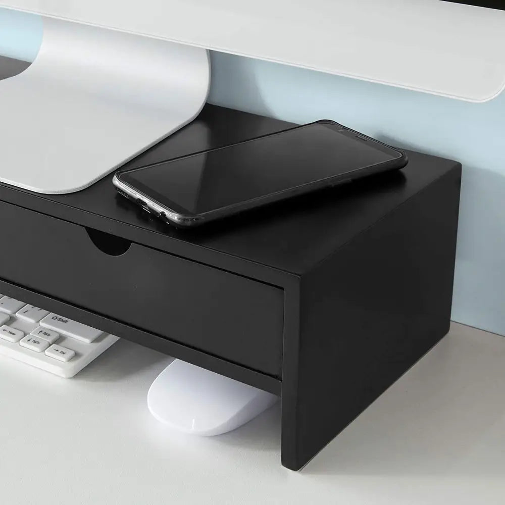 Black Monitor Stand Desk Organizer with 2 Drawers - Furniture > Living Room