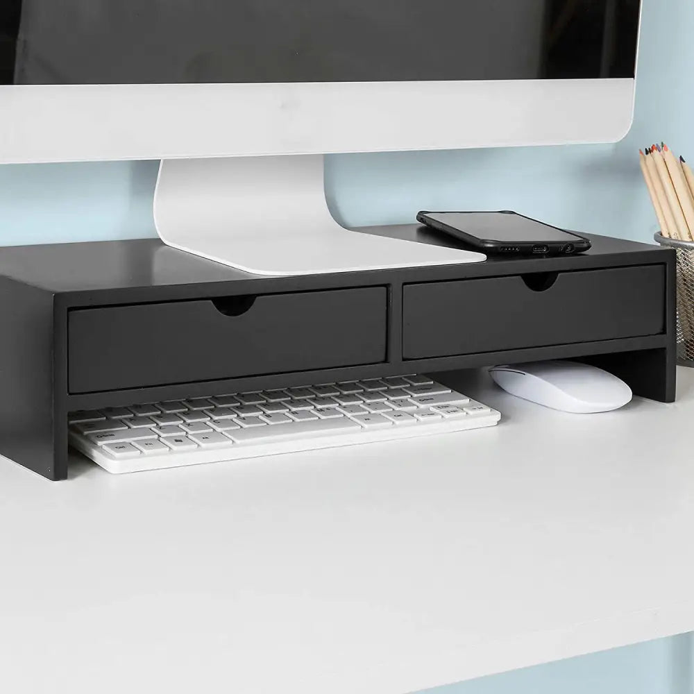 Black Monitor Stand Desk Organizer with 2 Drawers - Furniture > Living Room