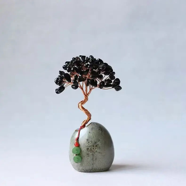 Black Obsidian Natural Crystal Wealth Tree - 12cm Feng Shui Decor Elegant Office Desk Ornament - Home & Garden > Decor